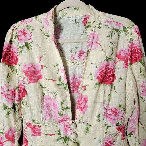 Banana Republic Womens Floral Linen Blend Coquette Back Tie Work Blazer Jacket 8 - Picture 3 of 10